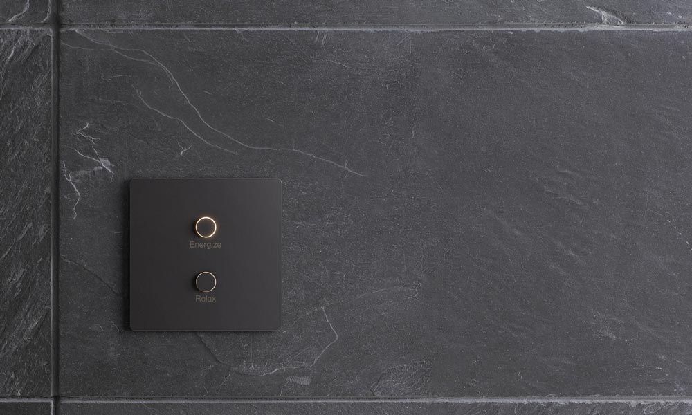 Lutron shades in kitchen with grey textures