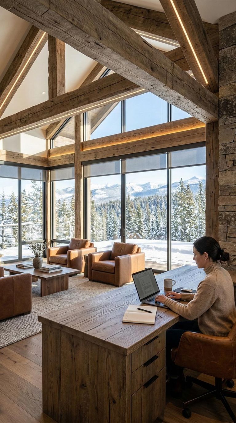 Home office with a woman working at a desk in a room with large windows and mountain views