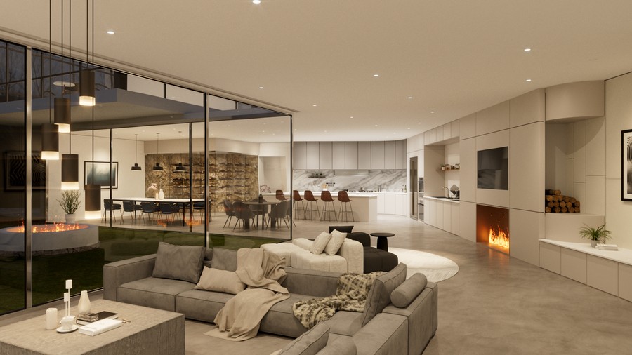 DMF Lighting’s can light fixtures in a contemporary open floor plan living room.