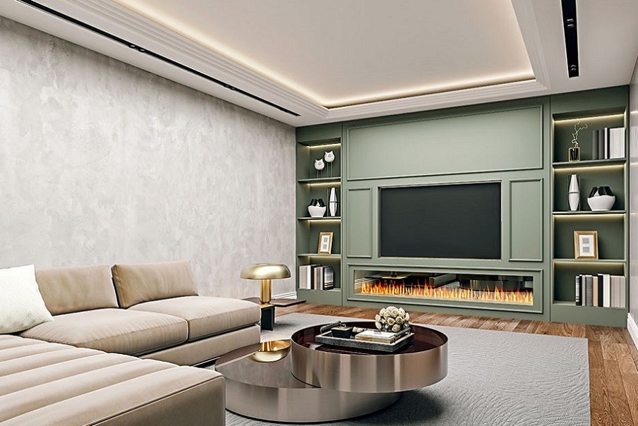 Elegant and modern living room with hardwood floors, a gas fireplace, a wall-mounted TV, and invisible Sonance speakers