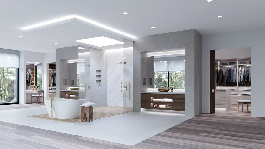 a bathroom with a modern bathtub, walk-in closet, and overhead lighting