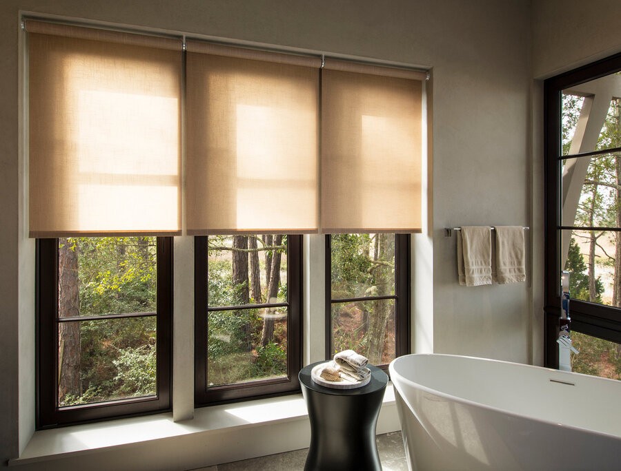 A luxury bathroom with floor-to-ceiling windows overseeing nature and J Geiger motorized shades halfway down.