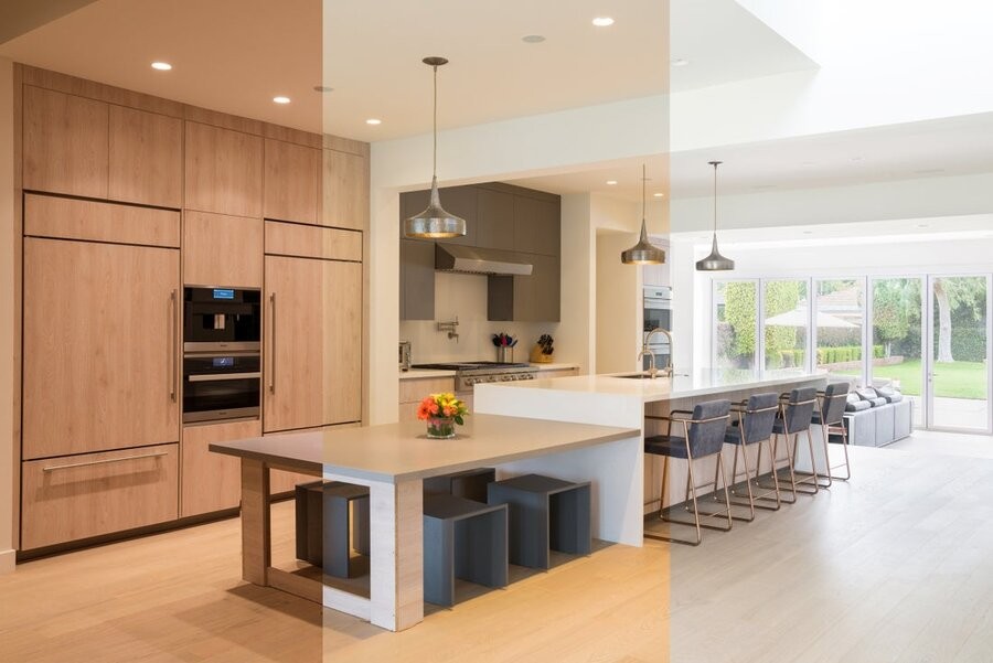 A kitchen space showing different Ketra natural lighting settings