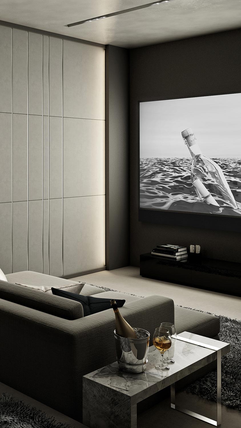 Sophisticated theater room with champagne and large screen
