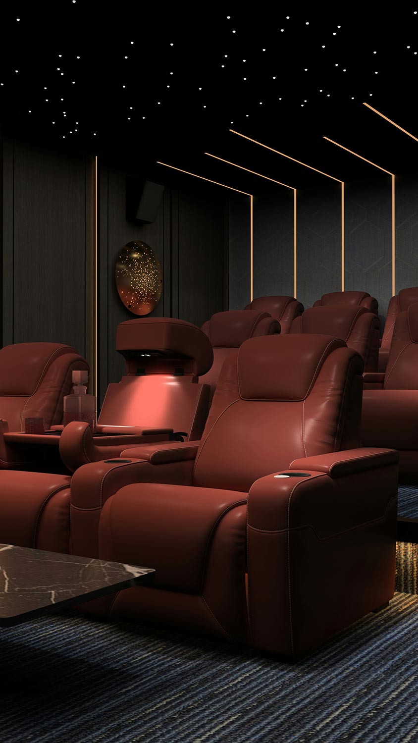 Home theater with red leather chairs and star ceiling lights