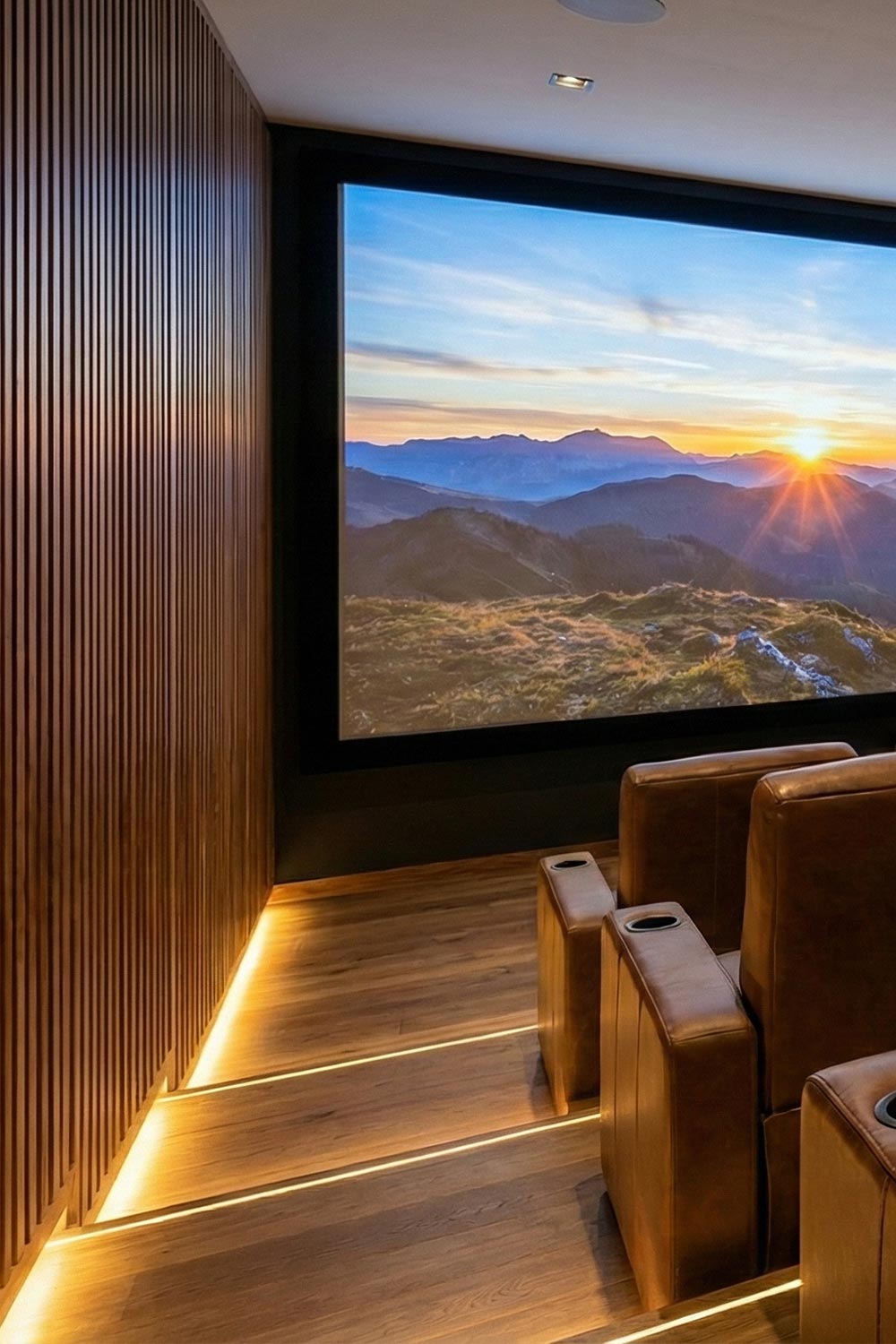 Home theater room featuring tiered leather seating and integrated floor lighting along the wall