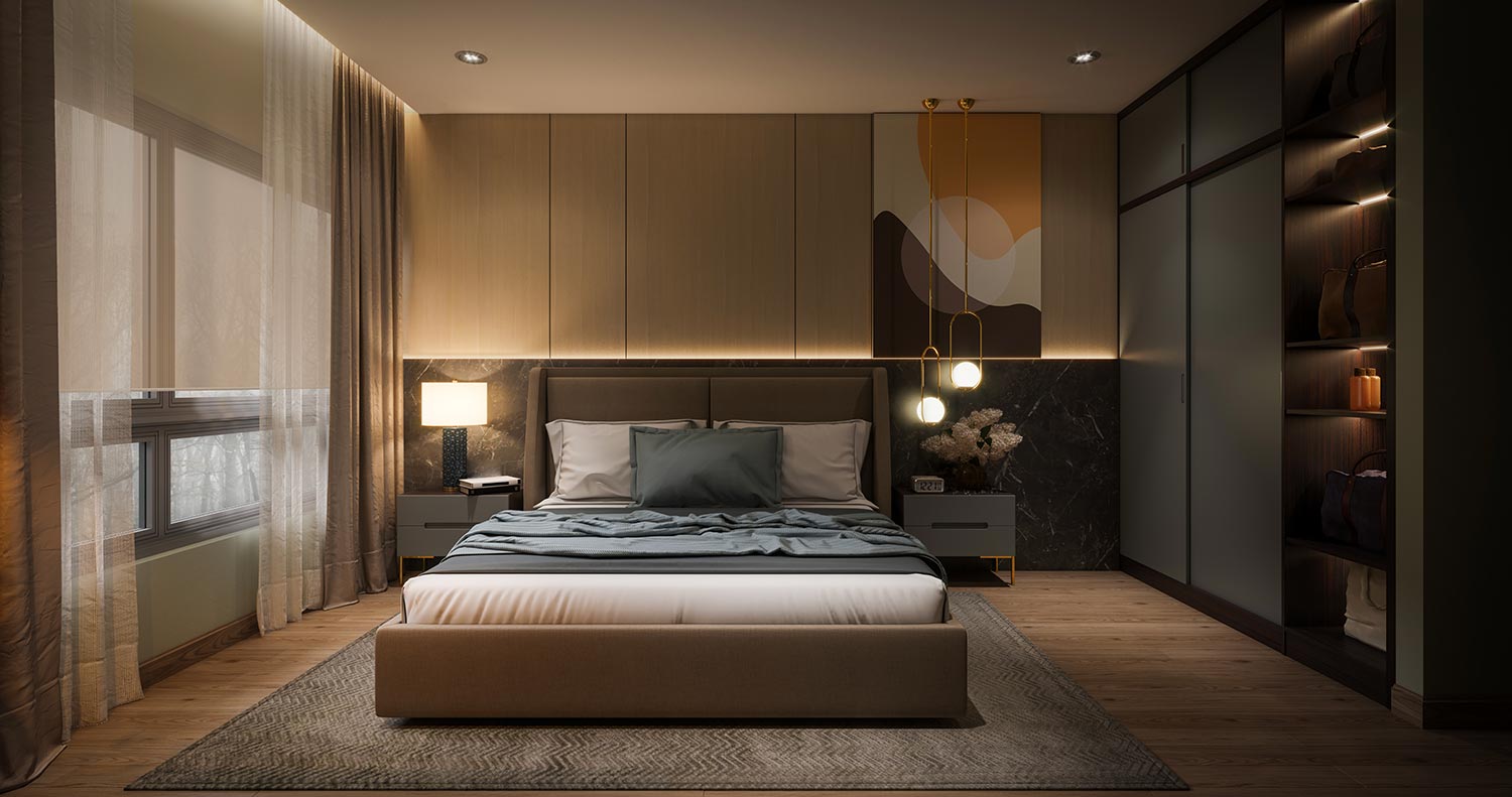 Elegant modern bedroom featuring integrated headboard lighting, pendant lamps, and large closet