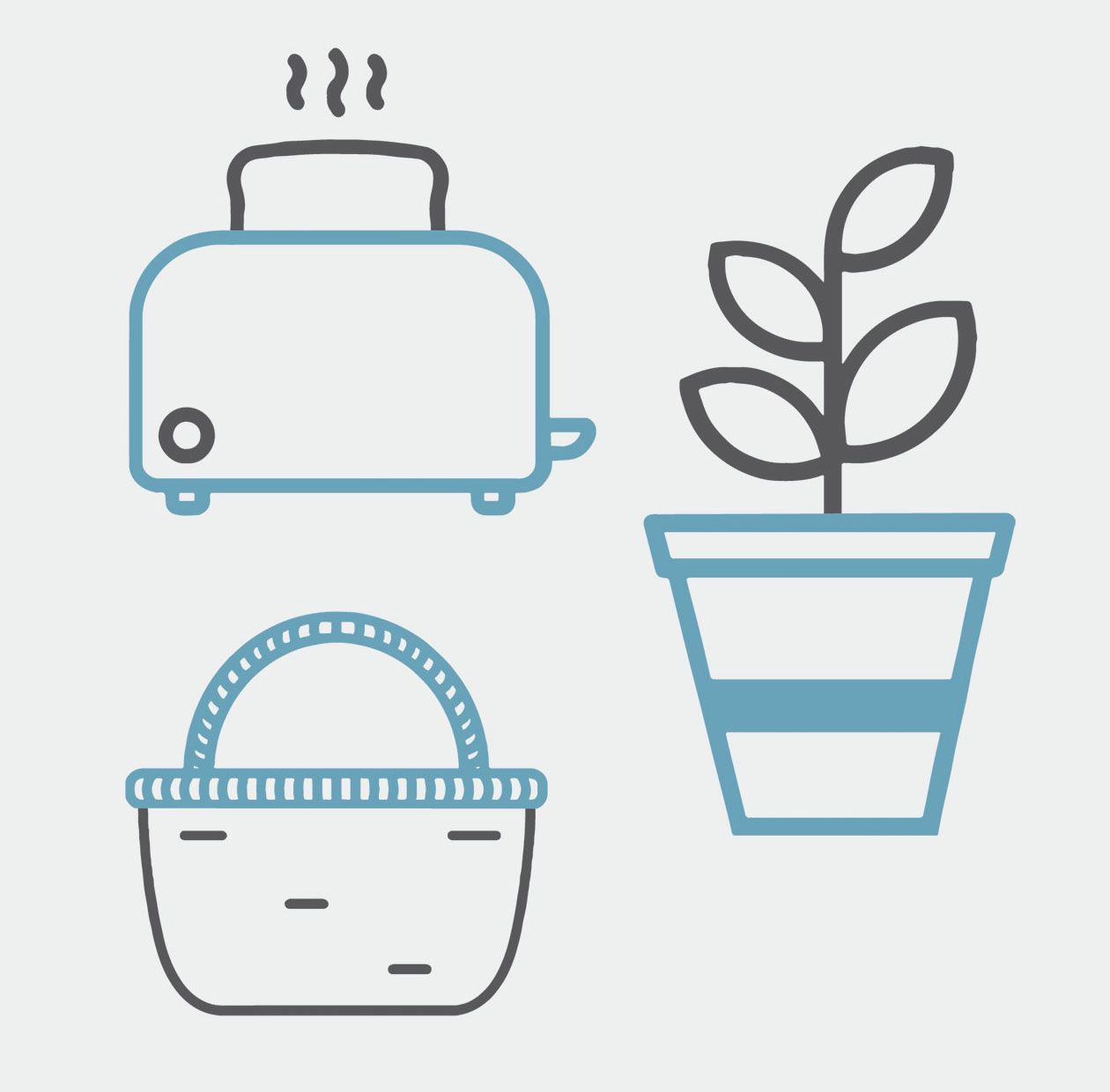 icons of toaster, potted plant, and basket