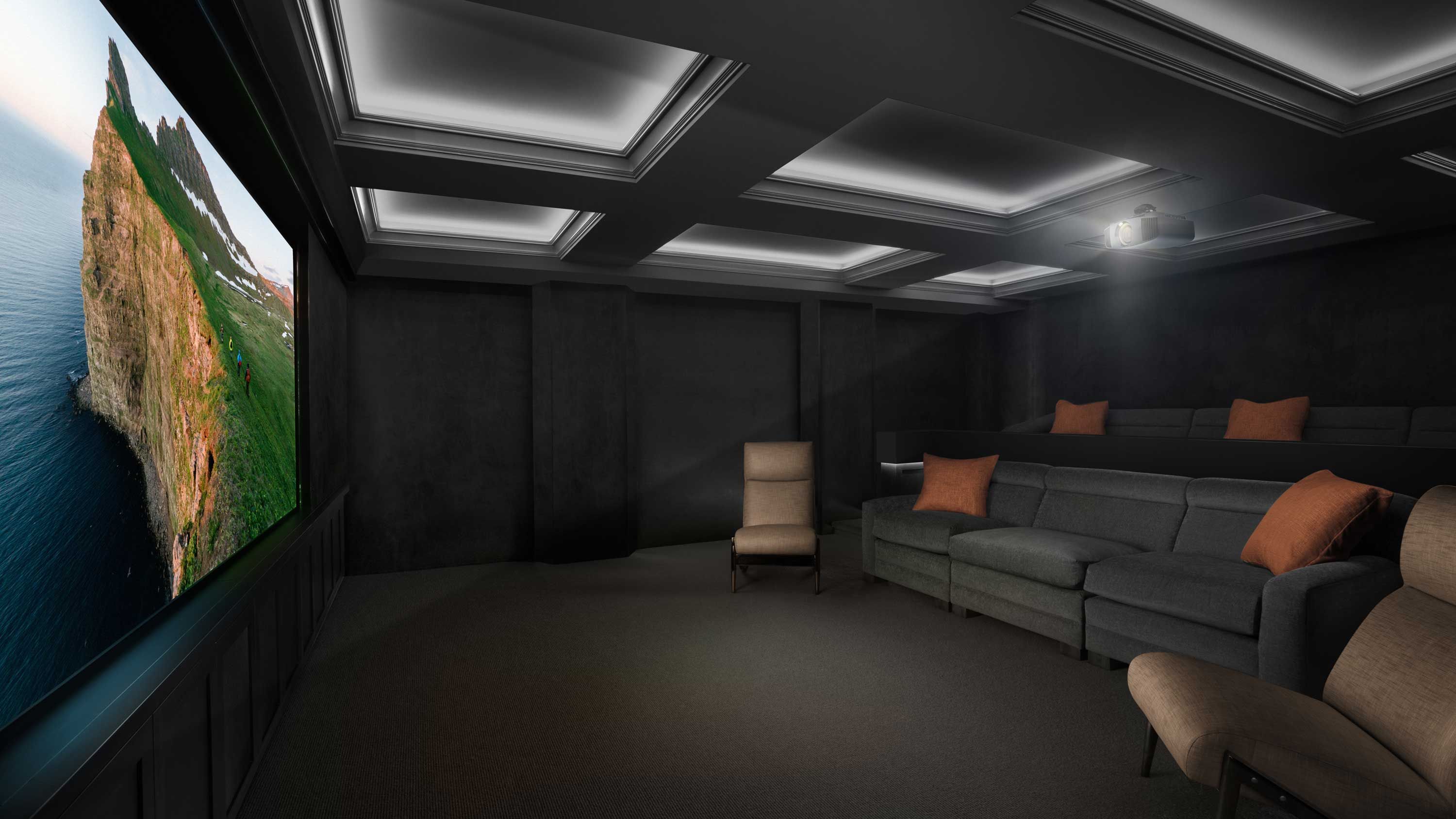 dark grey home theater with Sony technology and led lighting