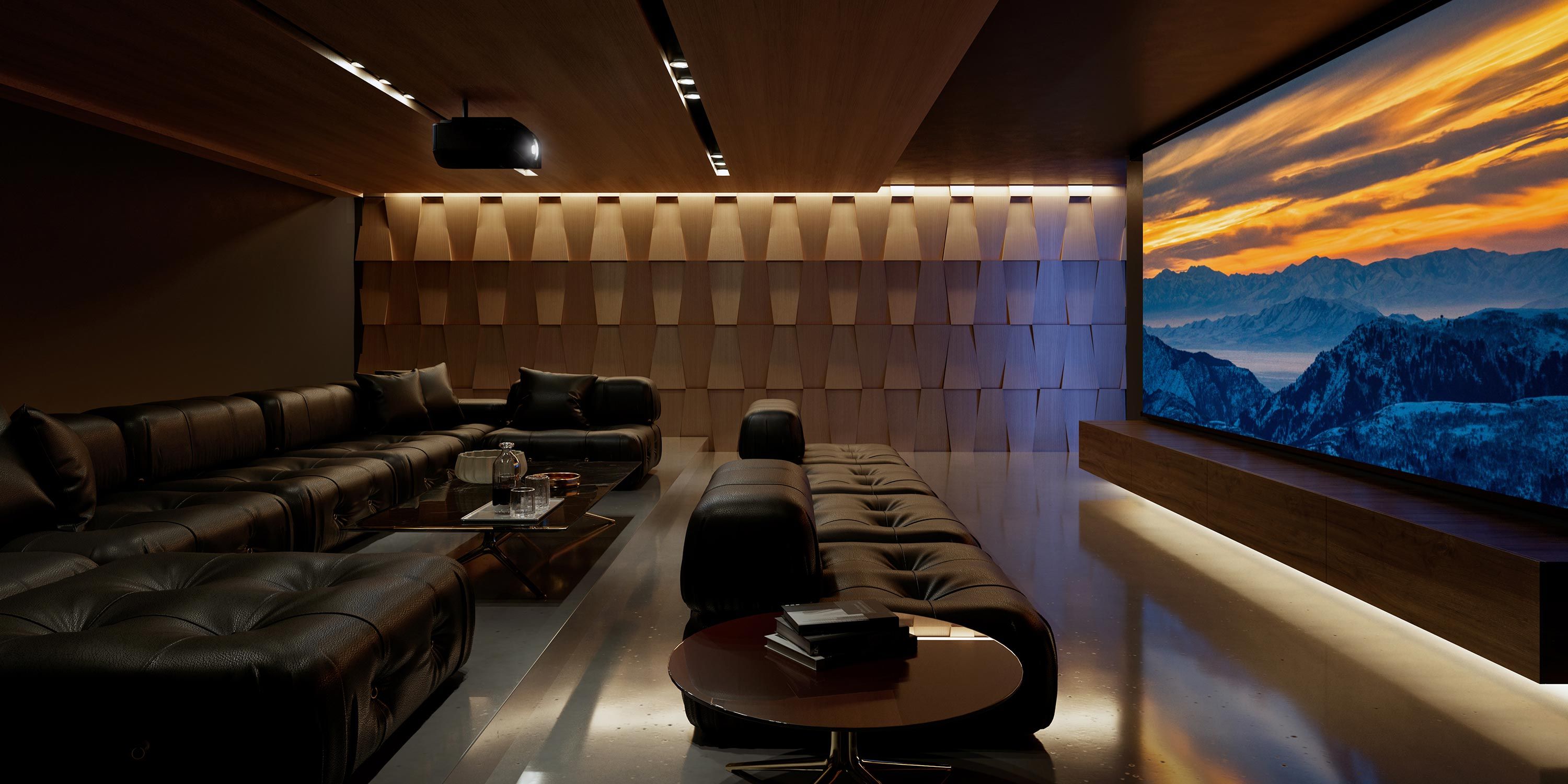 dark grey home theater with Sony technology and led lighting